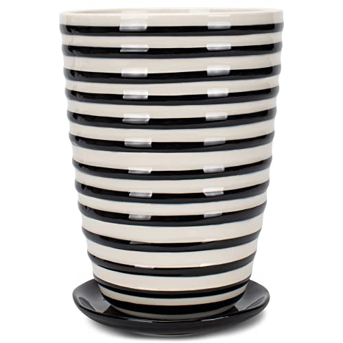 Demdaco Pot And Saucer Black White Stripe Heart 7.5 X 5 Ceramic Stoneware Standing Planter Set #TOP3