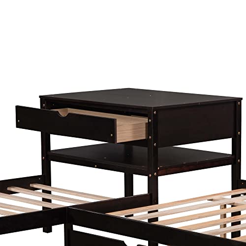 Sohusphome Full+Twin Size Platform Beds With Twin Size Trundle,L-Shaped Solid Wood Daybed Triple Corner Bedframe Built-In Rectangle Table And Drawer,Space-Saving Design For Kids Teens Bedroom,Espresso #TOP6
