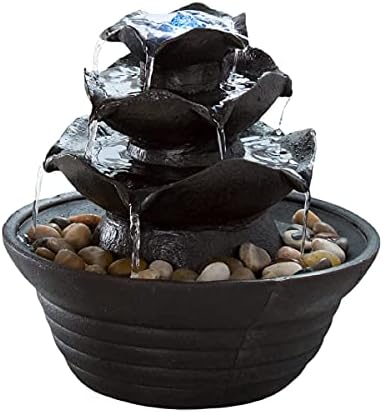 Indoor Water Fountain With LED Lights- Lighted Three Tier Soothing Cascading Tabletop Fountain With Rocks for Office and Home Décor By Pure Garden