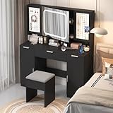 Karl home Large Vanity Table Set with LED Lighted Mirror and 2 DIY Pegboards 5 Hooks, Makeup Vanity Desk with Charging Station Storage Cabinets & Drawers Cushioned Stool for Bedroom, Black