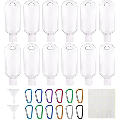 Mulaibdin 12 PCS Travel Bottles for Liquids 60 ml, Refillable Travel Hand Sanitiser Gel with Keyring Clip and Personalised Stickers Labels, Plastic Bottles for Hand Sanitizer, Travel Toiletries Cover