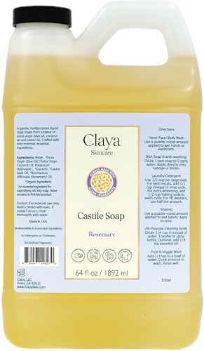 Claya Liquid Castile Soap – Organic Ingredients, Biodegradable, Gentle for Sensitive Skin and Versatile Use (64 fl oz, Rosemary)