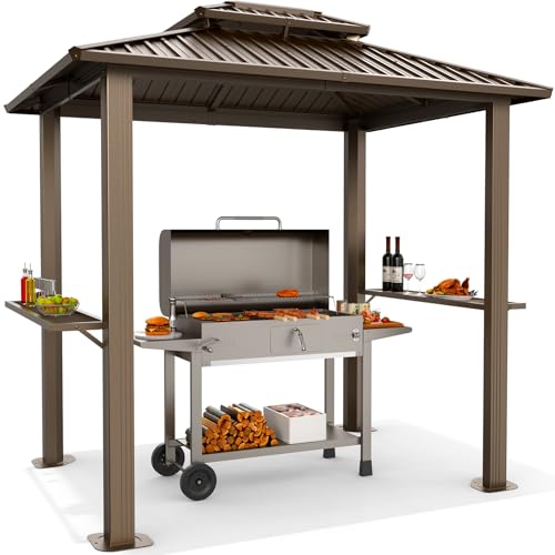 Hoteel 6x8 Hardtop Grill Gazebo, Outdoor Patio BBQ Gazebo with Galvanized Steel Double Roof, Hardtop Barbecue Canopy with 2 Side Shelves for Deck Lawn Backyard Garden,Brown by Hoteel - Image 9