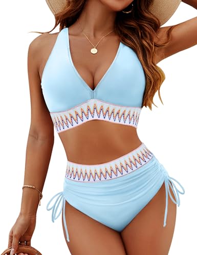 Image of Blooming Jelly Women High Waisted Bikini Sets Tummy Control Swimsuits Color Block Two Piece Drawstring Bathing Suit