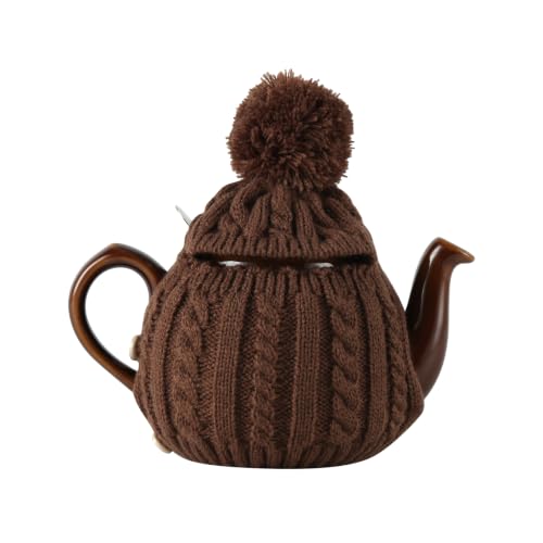 Image of One-Piece Cable Knit Teapot Cozy with Pom Pom Top, Acrylic Insulated Tea Pot Cover with 2 Button Fasteners & Lid Opening, British Style Hot Cold Insulator for 2 Cup 15-20oz Teapots,brown