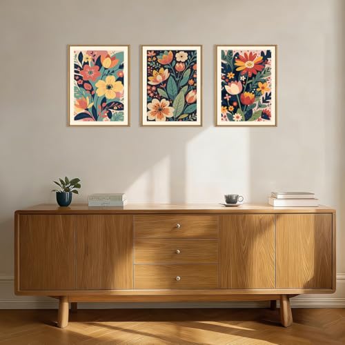 Image of KAIRNE Vintage Colorful Floral Framed Canvas Wall Art Set,Mid Century Modern Flower Wall Decor,Retro Wildflower Art Prints,Boho Botanical Artwork for Living Room,Bedroom,Farmhouse,Office-12 x16 x3