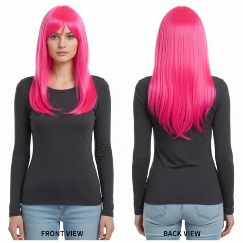 Image of Moira Synthetic Straight Colored Hair Wig 23 inch for Costume Dressing, Photo Booths, Fancy Dress, Cosplay (Fluoro Pink)