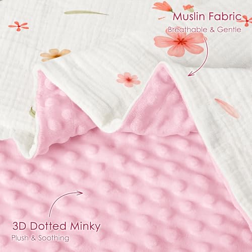 Image of Floral Baby Blankets for Girls Newborn, Soft Nursery Minky Blankets with Muslin and Dotted Fleece Back 30x40 inches, Receiving Bed Quilt for Infants, Toddlers