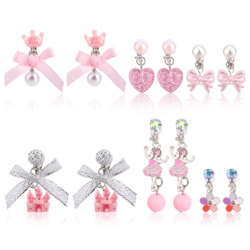 6 Pairs Clip On Drop Earrings, Colorful Non-Pierced Clip On Earrings Resin Non-Pierced Ear Clips for Dress Up Princess Jewelry Accessories (Castle Pendant)