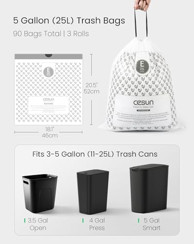 Image of Cesun Code E Drawstring Trash Bags 90 Count, Pre Cut 5 Gallon / 25 Liter Small Trash Can Liners, White