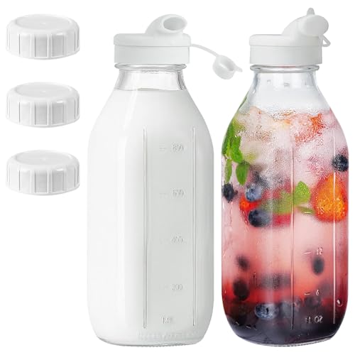 LUPATDY Juego de 2 botellas de cristal con tapa de 1 litro – Botellas de leche con tapón de rosca para rellenar smoothie botella de cristal Kombucha