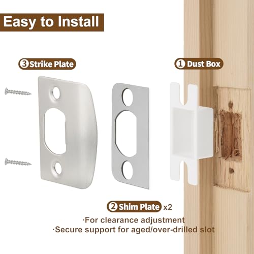 MOSECYOU Standard Door Lock Strike Plate with Spacer Shim, Door Latch Restorer, Universal Security Striker, Repair Kits to Fix Door Won’t Latch in (Satin Nickel)