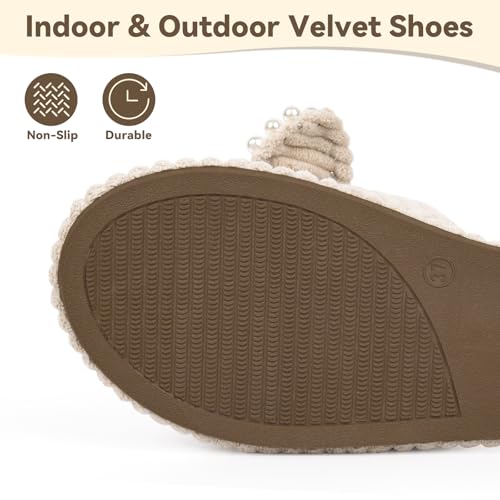 Women's Velvet Slippers Pearl Bow Open Toe Slide Corduroy Bedroom Shoes2