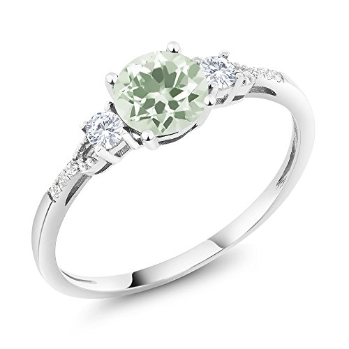 Gem Stone King 10K White Gold Green Prasiolite White Created Sapphire and White Diamond Accent 3-Stone Engagement Ring For Women (1.10 Cttw, Round 6MM, Gemstone Birthstone)