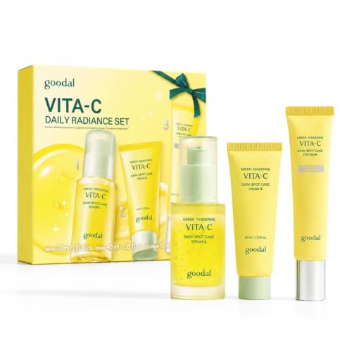 GOODAL Vitamin C Dark Spot Brightening Routine Set | Serum 1.01 fl oz (30ml) + Cream 1.35 fl oz (40ml) + Eye Cream 0.5 fl oz (15ml) | 5% Niacinamide & Green Tangerine Exosome | Korean Skincare