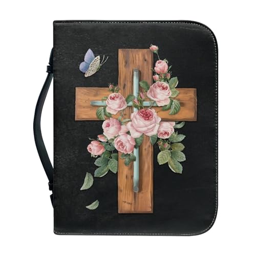 GOSTONG Cross Tulip on Black Church Bag for Women Girls PU Leather Bible Carrying Case Protective Stufy Supplies Tote Handbags for Women Men