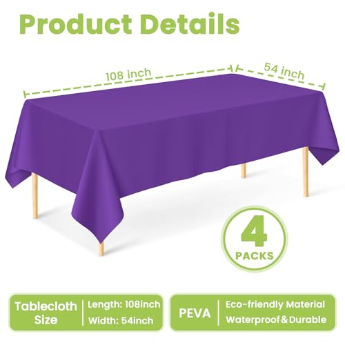 Image of Mulbozy Purple Plastic Table Cloth Disposable 4 Pack, 54 x 108 Inch Tablecloths Rectangle, Purple Plastic Table Cover for Party Decor