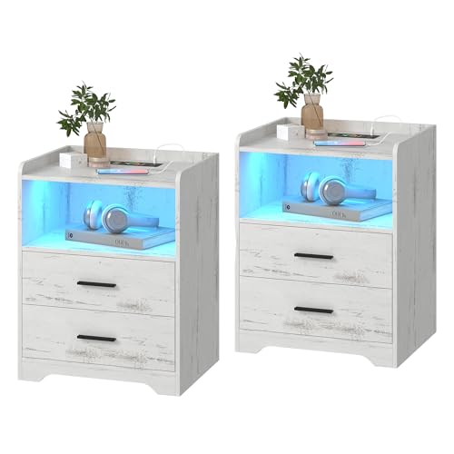 LVSOMT RGB Mesita de Noche Pack 2, Mesita de Noche LED con Función de Carga, Mesilla de Noche con Enchufe, Mesa de Noche Madera Dormitorio con Luces de Colores USB Type-C (Blanco Madera)