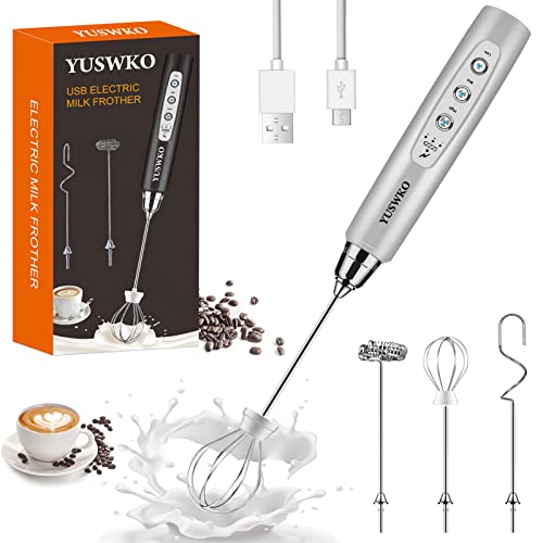 Rechargeable Milk Frother Handheld With 3 Heads, Silver Coffee Electric Whisk Drink Foam Mixer, Mini Hand Stirrer With 3 Speeds Adjustable For Latte, Cappuccino, Hot Chocolate, Egg #TOP6