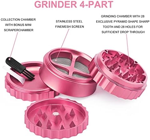 Premium Herb Grinder, Metal Grinder 2.5 Inches 4 Piece Pollen Catcher Durable Aluminum Alloy Spice Grinder Pyramidal Sharp Tooth Chain Shape for Kitchen (Pink)