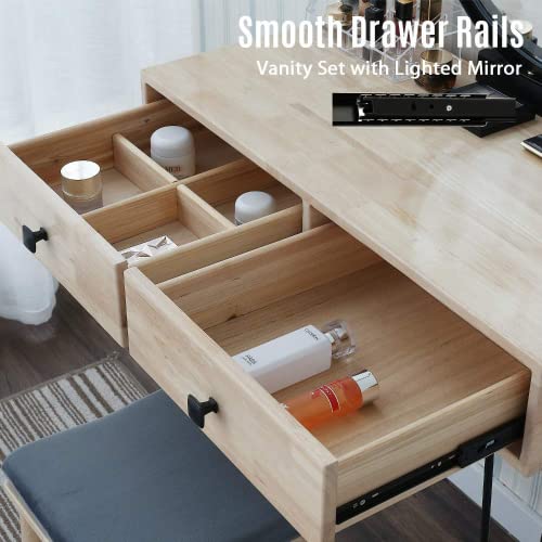 YOURLITE Vanity Makeup Table Set with Touch Screen Adjustable Lighted Mirror Iron Frame Cushioned Stool 3 Lighting Modes 2 Drawers Angle-Adjustable Mirror with Free Make-Up Organizer