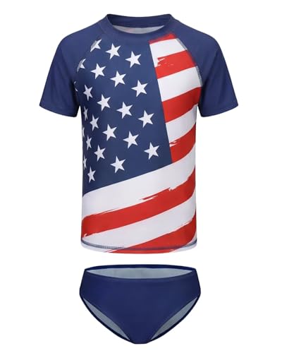 Image of Girls Two Piece Rash Guard Swimsuits Set Short Sleeve Bathing Suit for Kids Hawaiian Swimwear Set 3-16 Years