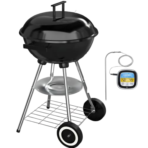 Barbecue à Charbon de Bois Rond Livona + thermomètre | 4 pieds (stable) avec Couvercle (fumoir)...