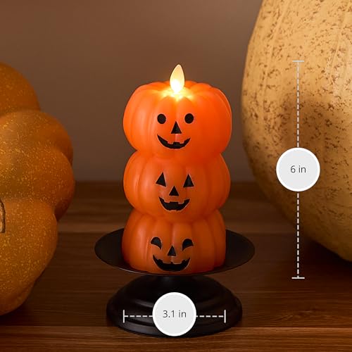 Image of Luminara Stacked Jack-o-Lanterns Pumpkins Figural (Russet Orange) Flameless Candle Real Wax Moving Flame LED Candle (3.1 inch x 6 inch),