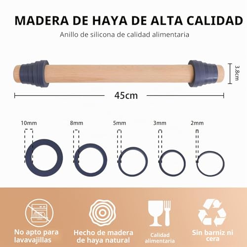 Miniatura 2 de Super Kitchen Rodillos De Amasar En Madera De Haya Con 5 Discos Ajustables Anillo, Rodillo De Cocina, Accesorio Para Hornear Pizza, Pasta, Galletas, Pastelería, Fondant 45cm