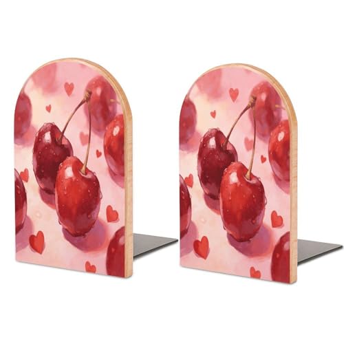 Sujetalibros de madera resistente tallada con diseño duradero de cerezas y corazones 2