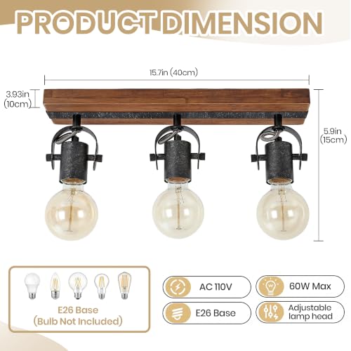 Image of 3-Light Track Lighting Fixture with Solid Wood Base, Industrial Open Cage Ceiling Lights, Adjustable Exposed Bulb Light, Farmhouse Black Metal Track Light for Kitchen Dining Room, E26 Base