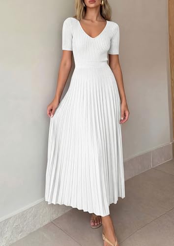Image of PRETTYGARDEN Women's 2026 Spring Midi Sweater Dresses Elegant Pleated Ribbed Knit Short Sleeve V Neck A Line Summer Outfits