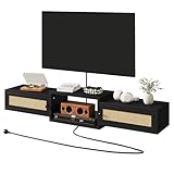 IBUYKE Modern Rattan Floating TV Stand with Doors,Wall Mounted TV Shelf for TVs up to 55 Inches,Media Console Entertainment Center for Under TV Storage Cabinet for Living Room Bedroom,Black UWST012B