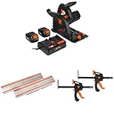 WEN 20V Max 6.5-Inch Cordless Brushless Plunge Cut Variable Speed Track Saw with Two 4.0 Ah Batteries, Charger, 110-Inch Track Saw Guide Rail, and Clamps