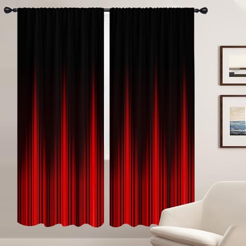 Coxila Red Black Window Curtains for Bedroom 52 x 84 Inch Rod Pocket Ombre Wide Burgundy Stripe Pattern Simple Gradient Boho Design Living Room Treatment Set of 2 Curtain Panels Drapes Drapes