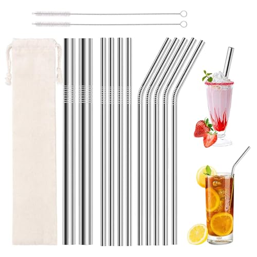 wakouter 13 Pcs Stainless Steel Straw Set, Reusable Metal Drinking Straws, Eco-Friendly Durable 304 Food-Grade Straws, with 4 Straight, 5 Bent, 2 Wide Boba Straws 2 Cleaning Brushes and Storage Bag