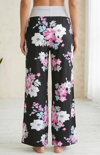 Image of Elsofer Women's Comfy Lounge Pants Soft Floral Pajama Pants Loose Drawstring Wide Leg Palazzo Pants for Sleep, Casual Wear
