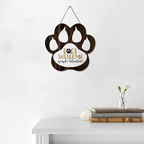 Eveokoki Dogs Welcome People Tolerated Footprint Wooden Plaque 10 X 9.5 Inches Funny Wood Signs Paw Shape Dog Rules Decorative Plaque With Hanging Rope For Wall, Front Door Decor #TOP5