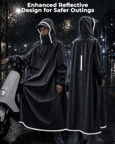 Image of ANYCHO Long Rain Coat for Men Waterproof and Women, Unisex Raincoat for Women Waterproof with 10cm Extra-High Collar & Reflective Stripe, Oxford Rain Poncho for Travel, Hiking, Motorcycle Riding