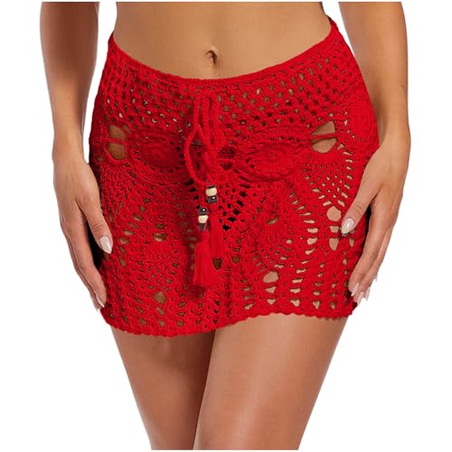 Women Crochet Wrap Skirt Cover Up M Red