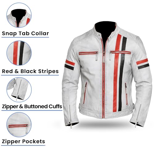 Mens White Cafe Racer Leather Jacket - Vintage Retro Style Red Black Stripes Cowhide Leather Motorcycle Jacket4