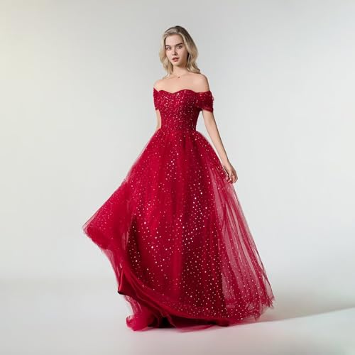 Sparkly Tulle Prom Dresses for Women Long Off Shoulder A-Line Formal Evening Party Gowns Masquerade Dresses3