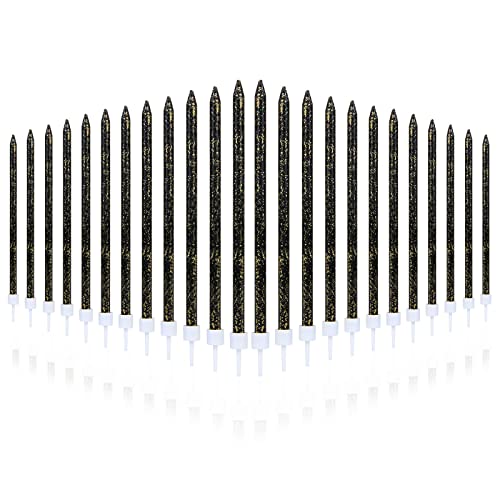 URAQT Birthday Candles, 24 Pcs Metallic Birthday Cake Candles in Holders, 5.1 inch Long Thin Golden Candles Cupcake Candles for Birthday Wedding Baby Shower Party Decoration (Black Glitter)