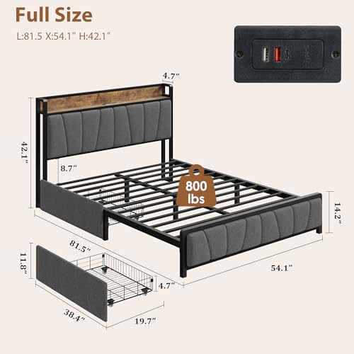 Image of GAOMON Full Size Bed Frame with Storage Headboard and 2 Drawers, Linen Upholstered Platform Bed Frame with Charging Station, Heavy Duty, No Box Spring Needed, Easy Assembly, Noise Free, Grey&Brown