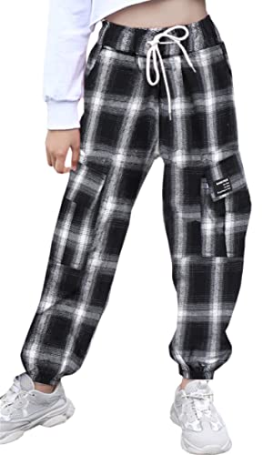 SANGTREE Girls Pants,Jogger Multi-Pocket Elastic Waist Pull On Cargo Pants with Drawstrings,Black White Plaid,9-10 Years = Tag 150