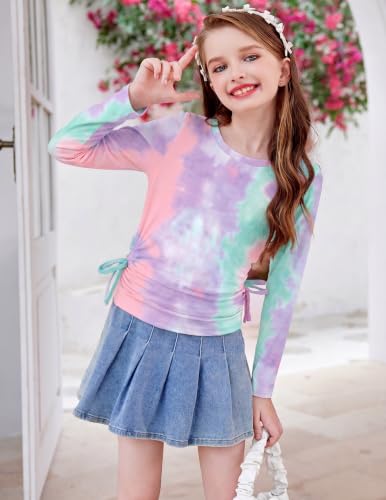 Image of Arshiner Girls Long Sleeve Shirts Ruched Knot Side Tunic Blouse Tee Tops