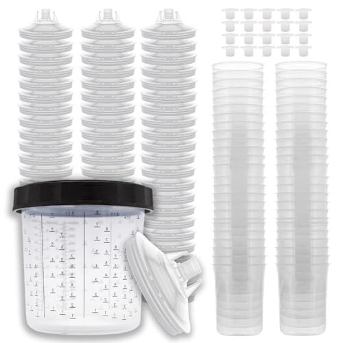 LAUCO Disposable Paint Spray Gun Cups Liners and Lid System 50 Cup Liners, 50 Lids, 1 Hard Cup with Retainer Ring and 20 Plugs - Compatible with Original 1.0 System 600ml | 20oz | 125 Micron