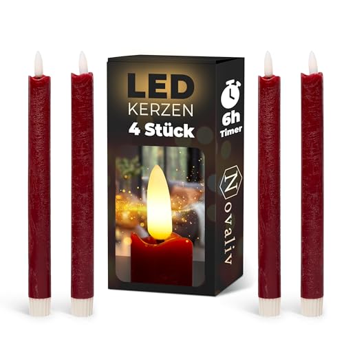 Stabkerzen LED mit Timer Rot 4 Stück Rot indoor - 6 Stunden - ECHTWACHS 24cm Höhe für Kerzen 2,2cm Durchmesser 2 AAA Batterien notwendig LED Stabkerzen flackernde Flamme bewegliche Flamme Licht