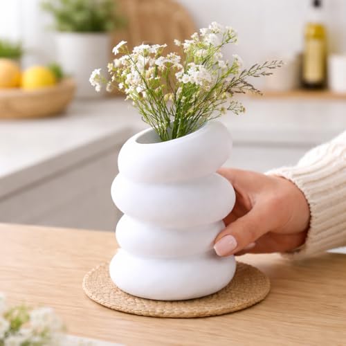 Image of Plastic Modern Textured White Decorative Vase for Flowers, Ceramic-Look Ribbed Design Table Vase for Living Room, Bedroom, Office Decor, Lightweight & Durable Flower Pot (Pebbles Tower)