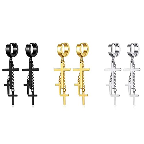 Pendientes de cruz colgantes de aro doble unisex en acero inoxidable sin gemas